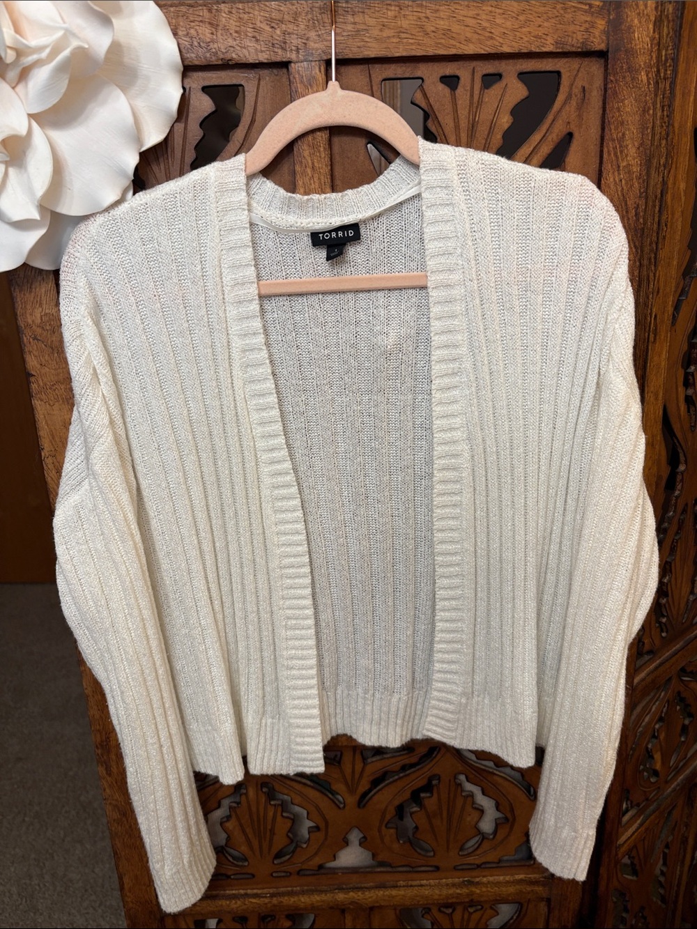 Ivory Ribbed Open-Front Cardigan Sweater